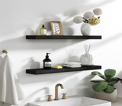 PHPH 24 Inch Wood Floating Shelves for Wall, Wooden Wall Shelves for Bedroom, Set of 6 Black