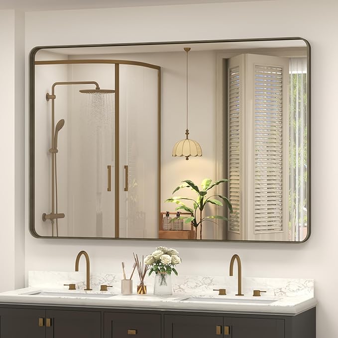 48x32 Bronze Framed Bathroom Mirror, Brushed Bronze Metal Vanity Mirror, Bronze Rectangle Mirror for Wall, Rounded Corner, Tempered Glass, Anti-Rust, Shatterproof (Horizontal/Vertical)