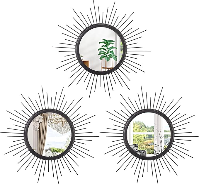 3 Pack Black Metal Wall Mirrors Sunburst Wall Mirrors Home Décor Art Decorative Modern Bohemian Hanging Wall Art for Bedroom Bathroom Living Room Entryway Small 12''