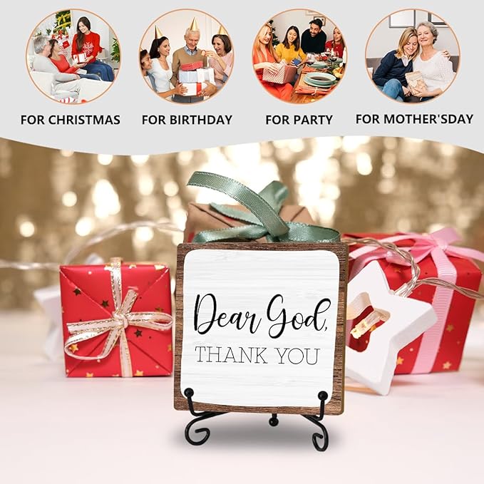Rustic 'Dear God Thank You' Wooden Plaque - Christian Decor with Iron Stand - Simple Prayer Sign for Home Church Office Fireplace Coffee Table Decor - Inspirational Gift for Thanksgiving & Holidays