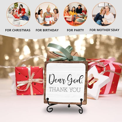 Rustic 'Dear God Thank You' Wooden Plaque - Christian Decor with Iron Stand - Simple Prayer Sign for Home Church Office Fireplace Coffee Table Decor - Inspirational Gift for Thanksgiving & Holidays