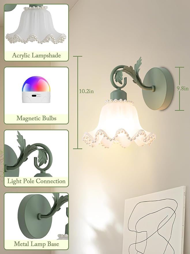 Battery Operated Wall Sconce Set of 2,Wireless Rechargeable Wall Lights with 5400mAh Bulbs & Remote & Timer,9 RGB and 3CCT Dimmable Wall Lamp for Bedroom,Living Room,Hallway Wall Decor(Green)