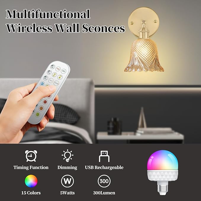 GEEZO Vintage Battery Operated Wall Sconce, with Rechargeable Battery Powered Wall Light with Remote Control for Bedside Bedroom
