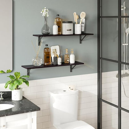 DINZI LVJ Long Wall Shelves, 23.6 Inch Wall Mounted Shelves Set of 2, Easy-to-Install, Storage Ledges with Sturdy Metal Brackets for Living Room, Bathroom, Bedroom, Kitchen, Espresso