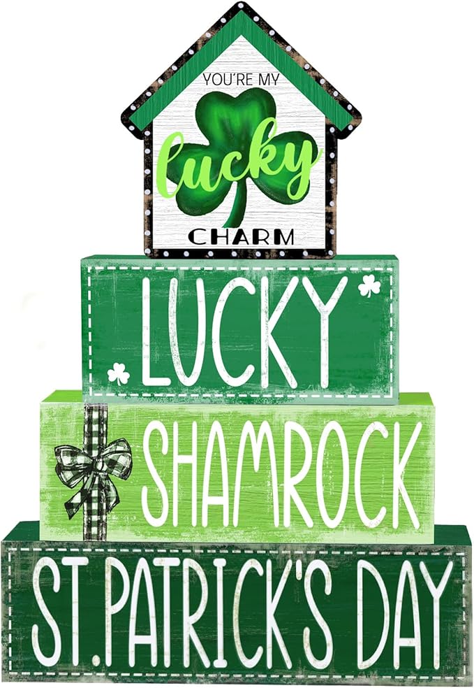 DIYDEC 4Pcs St.Patrick's Day Table Decoration Shamrocks House Wooden Block Signs Rustic St. Patrick Tiered Tray Decor Happy St.Patrick's Day Centerpiece Sign for Farmhouse Holiday Tabletop Party Decor