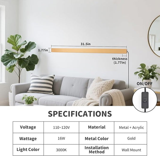 Modern Plug in Wall Lights, 31.4 inch Frosted Gold LED Long Wall Sconce, 16W Warm White 3000K Acrylic Indoor Wall lamp,with 59" Plug Cable for Bedroom, Living Room, Hallway