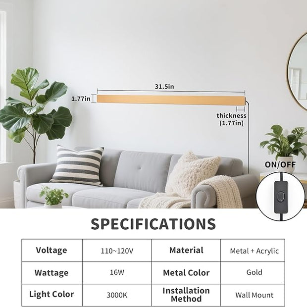 Modern Plug in Wall Lights, 31.4 inch Frosted Gold LED Long Wall Sconce, 16W Warm White 3000K Acrylic Indoor Wall lamp,with 59" Plug Cable for Bedroom, Living Room, Hallway
