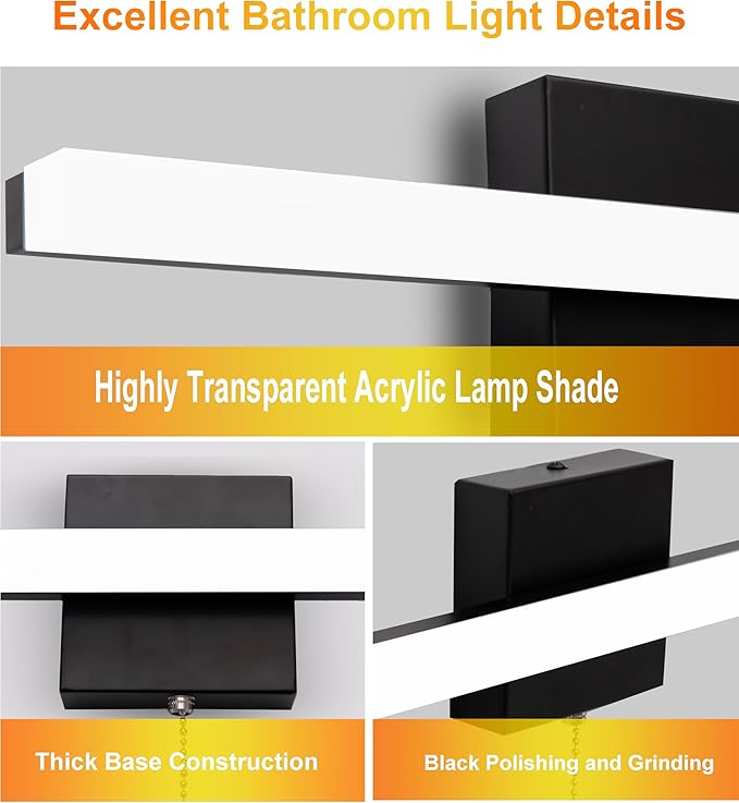 COTULIN 16 Inch Black Vanity Light Bar with Pull Switch 10W Brightness Ideal for Cabinet Lighting Picture Light and Sink Light for Kitchen and Bathroom Applications Modern Design Efficient Lighting
