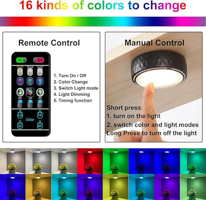 Battery Operated Puck Lights with Remote LED Under Cabinet Lighting Wireless Stick on Lights Color Changing Timer Tap Lights for Cabinets Shelves Closets Display Case - 2Pack Black