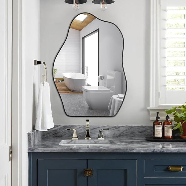 POZINO Irregular Mirror, 28"x20" Asymmetrical Wall Mirror, Modern Odd Shaped Mirrors, Abstract Frameless Mirrors for Wall Decor Living Room Bathroom Bedroom Entryway, Hangs Vertically or Horizontally