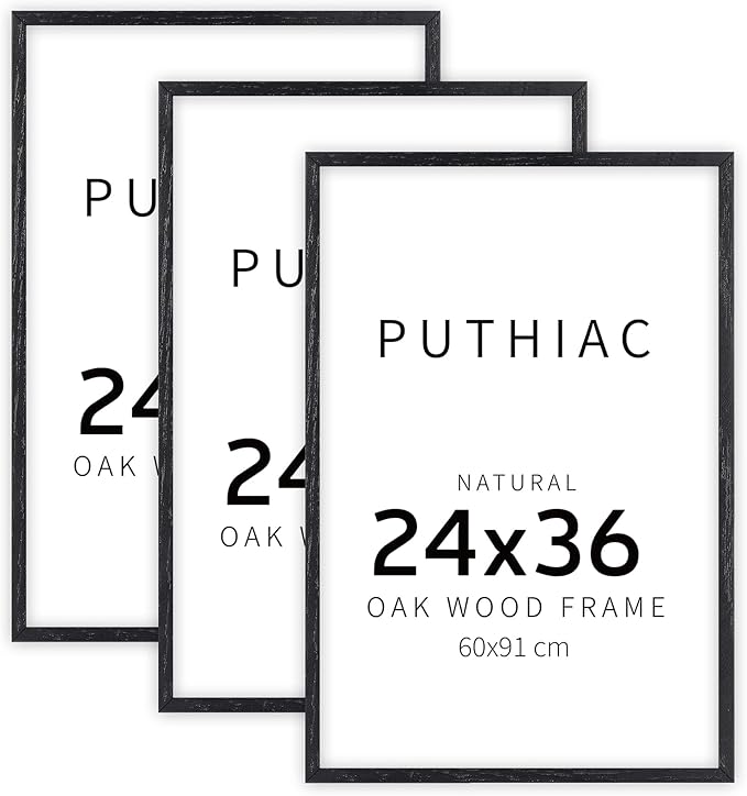 puthiac 24x36 Solid Oak Wood Picture Frame, No Mat, Wall Display Only, Vertical or Horizontal, Plexi Front, 3 Pack, Black
