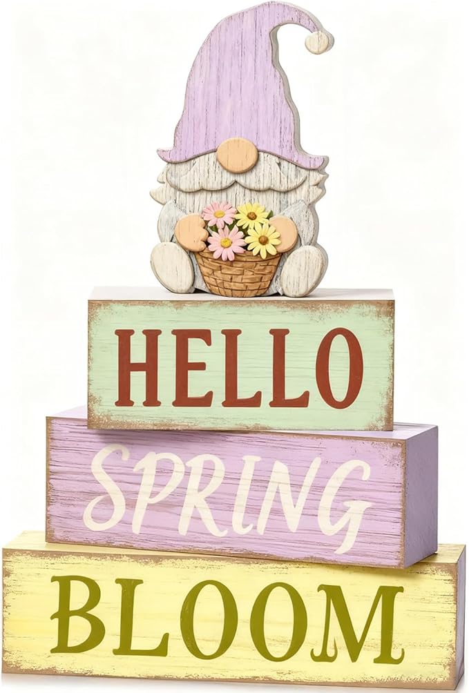 Spring Decoration Wooden Tiered Tray Decor – Rustic Hello Spring Bloom Gnome Stacked Block Sign with Flower Basket Topper – Farmhouse Tabletop Spring Decor for Living Room Shelf Kitchen Coffee Bar Seasonal Home Display