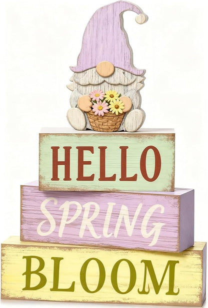 Spring Decoration Wooden Tiered Tray Decor – Rustic Hello Spring Bloom Gnome Stacked Block Sign with Flower Basket Topper – Farmhouse Tabletop Spring Decor for Living Room Shelf Kitchen Coffee Bar Seasonal Home Display