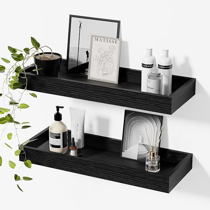 Floating Shelves for Wall, 15.7 Inch Picture Ledge with Raised Lip, Bathroom Shelves Over Toilet, Nursery Book Shelves, Kitchen Spice Rack, Wall Decor Display Ledge, Set of 2, Black