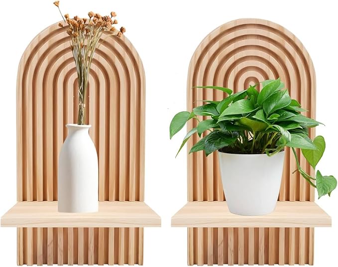 2 Pcs Boho Wall Shelf, Rainbow Arch Wooden Floating Shelf, Bohemian Floating Shelves Wall Decor for Nursery Bedroom Living Room Mid Century Hanging Shelf, 7.09 × 4.72 × 13.58 inches
