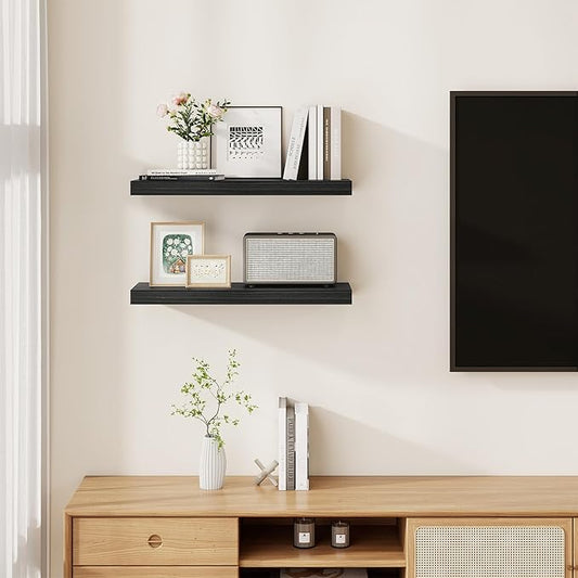 Fun Memories Rustic Floating Shelves for Home Decor, 8 Inch Deep Floating Shelf, Solid Wood Floating Wall Shelves 24 Inch Long, Deep Wall Shelves for Bathroom, Living Room, Black Finsh, Set of 2