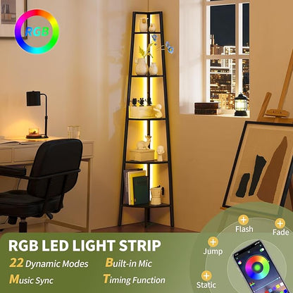 Yoobure Corner Shelf Stand, 5-Tier Bookshelf with LED Lights & Steel Frame, Tall Storage Shelves for Living Room, Bedroom, Office, Multi-Purpose Display Bookcase