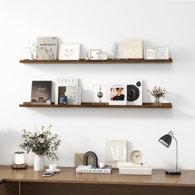 Picture Ledge Shelf, Wood Long Floating Shelves for Wall, Set of 2, 56 inch Picture Ledge Shelves, Photo Ledge Nursery Book Shelves Wall Mounted for Living Room Kids' Room Bedroom, Color Walnut