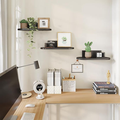 Wooden Floating Shelves for Wall, Floating Shelf for Bedroom Kitchen Decor, Wall Mounted Rustic Farmhouse Wood Shelf for Books, Plants, Set of 3 (Black, S (Round))