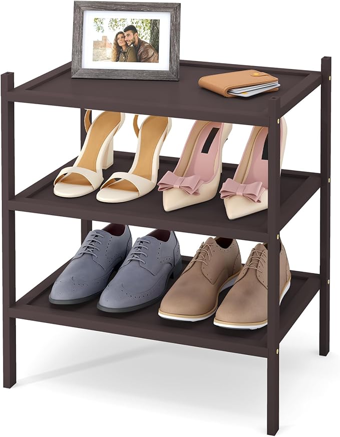 Smiry Bamboo Small Shoe Rack, 3 Tier Shoe Organizer for Entryway & Closet, Stackable Free Standing Storage Shelf for Shoes, Bags & Plants, Brown