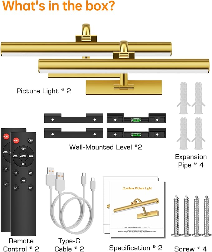 Picture Lights for Wall, 16.5" Rechargeable Art Light with Remote & Timer, 5200mAh Battery Operated Poster Lights, 3 Color Modes & 3 Brightness Levels for Pictures, Gallery, Photos (2 Pack)