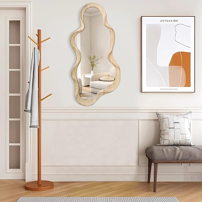 Asymmetrical Cloud Wavy Mirror, Large Irregular Wall Mirror, Modern Wood Frame, Unique Artistic Mirrors, Cute and Stylish, Decorative for Cloakroom, Bedroom, Living Room, Bathroom, Entryway