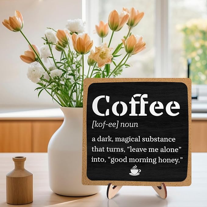 Vintage Coffee Bar Wooden Plaque Desk Sign, Farmhouse Wood Plaque Tabletop Decor for Cafe Bar Kitchen Office,Coffee Station Accessories 5.9x5.9Inch