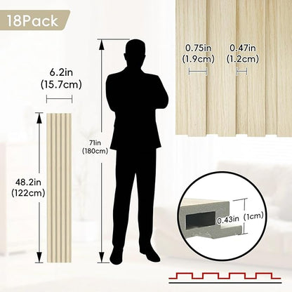 18Pack WPC Wainscoting Panels, 48.2 x 6.2 Inches 3D Accent Wall Panels for Interior Wall Decor, Fluted Wood Paneling for Living Room, TV Background, Office, Bedroom(Oak)