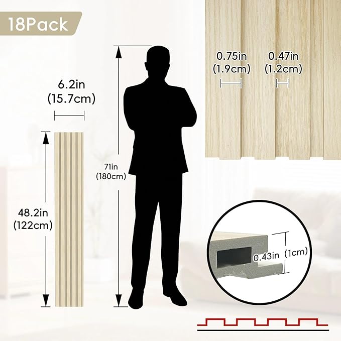 18Pack WPC Wainscoting Panels, 48.2 x 6.2 Inches 3D Accent Wall Panels for Interior Wall Decor, Fluted Wood Paneling for Living Room, TV Background, Office, Bedroom(Oak)