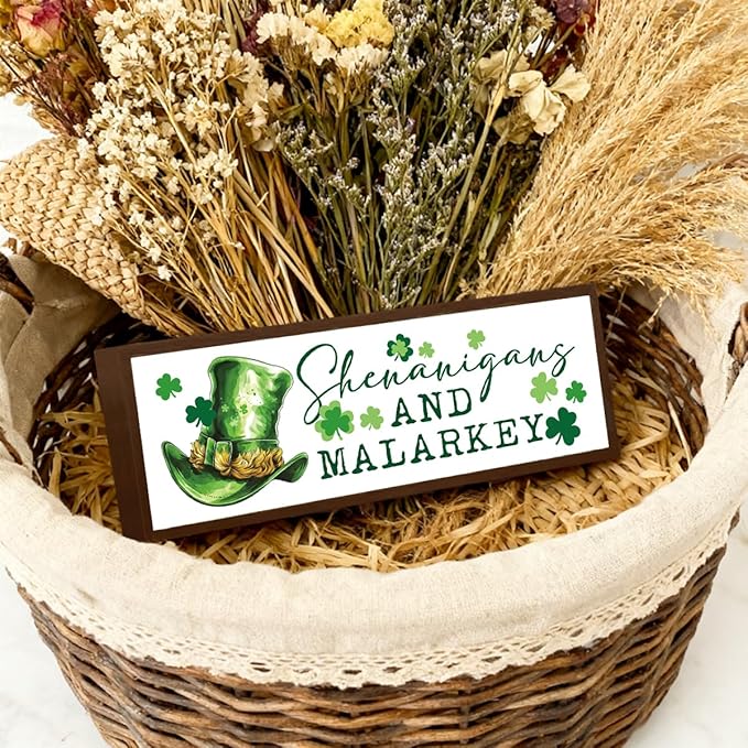 St. Patrick's Day Wooden Table Signs, Shenanigans and Malarkey Sign, Lucky Clover Wooden Block Framed Signs, Desk Decor Art, St. Patrick's Day Themed Decor for Cafe Shop Coffee Bar, 9.5x3.1x1 inches