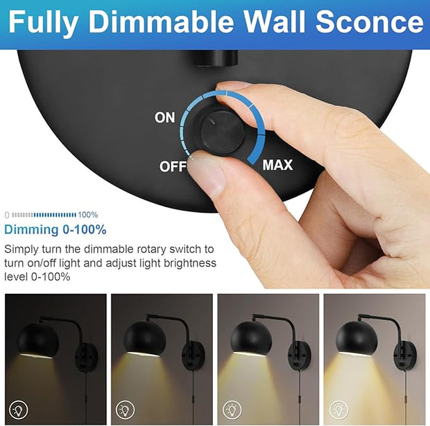 Plug in Wall Sconces, Dimmable Wall Sconce Swing Arm Wall Lights with Plug in Cord and Dimmer On/Off Knob Switch, Black Globe Wall Light for Bedside Bedroom Bathroom(1 Bulb Included)
