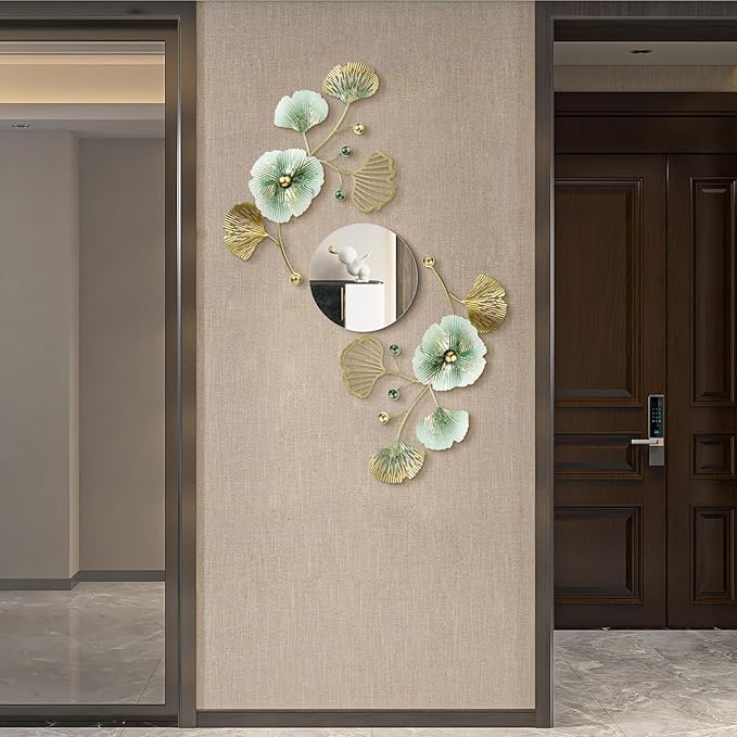 Tandefio 3 Pcs Metal Decorative Wall Mirrors for Living Room Metal Ginkgo Leaf Mirror Modern Creative Wall Decor Art Hanging Decor Mirror for Entrance Bedroom Living Room (Gold Green,16.inches)