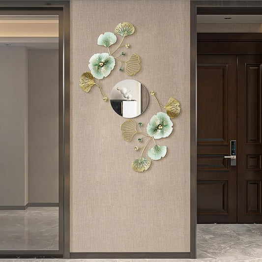 Tandefio 3 Pcs Metal Decorative Wall Mirrors for Living Room Metal Ginkgo Leaf Mirror Modern Creative Wall Decor Art Hanging Decor Mirror for Entrance Bedroom Living Room (Gold Green,16.inches)