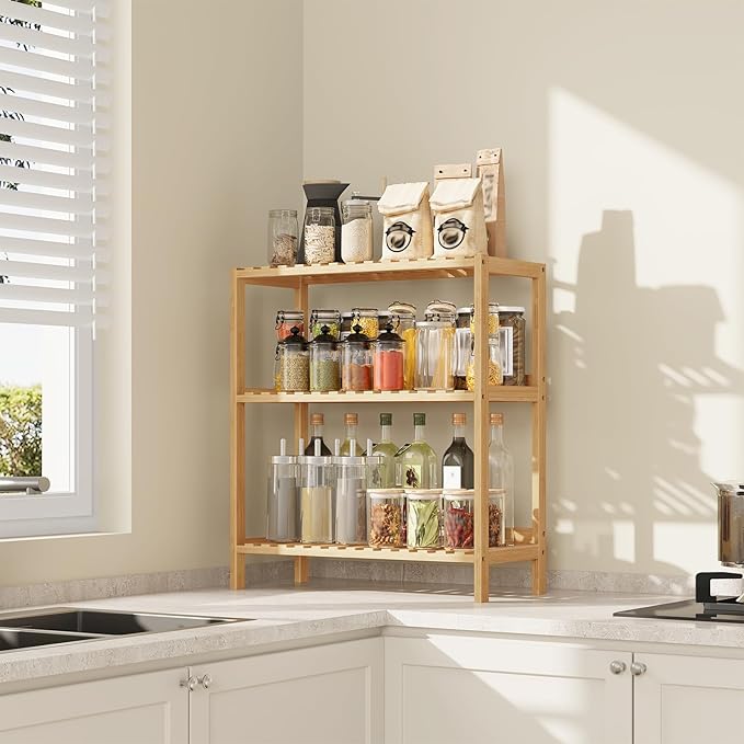 HOOBRO Bamboo Storage Shelf, 3-Tier Freestanding Shelving Unit, Multifunctional Storage Rack with Back Panel, 23.6 x 10.2 x 26 inches, for Bathroom, Living Room, Balcony, Kitchen, Natural YL94CJ01