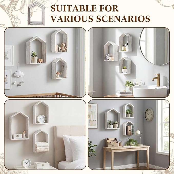 3 Set Wall Shelf 9.8 x 7.1 Inch Wooden Hanging Shelf Deep Display Storage Shelves Floating Shelves for Home Office Room Mini Figures Potted Plants Wall Decor (House,White)