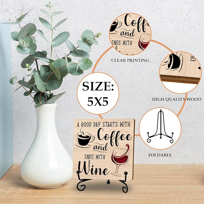 Coffee And Wine Desk Decor Sign, Rustic Wooden Sign With Stand, A Good Day Starts With Coffee And Ends With Wine Sign For Farmhouse Home Kitchen Bar Shelf Table, Gifts For Family Friends Coworker