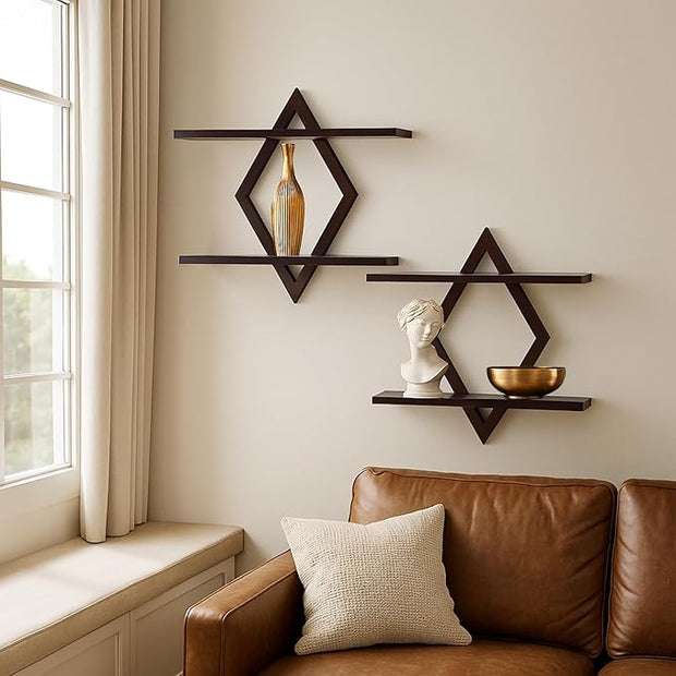 Floating Shelves for Wall,Decorative Wall Shelf,2 Tier Hanging Shelf for Plants Storage Display Holder,Indoor Decor for Living Room Home Office Bathroom Bedroom,Solid Wood,Diamond Shaped,2 Pack,Walnut