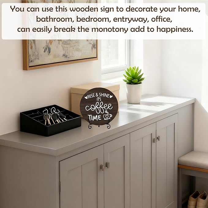Coffee Desk Decor Sign, Farmhouse Wood Plaque, It Is Coffee Time Wood Sign, Cafe Lover Gifts, Decor For Home Kitchen Table Top, Wooden Round Decorations With Stand-17