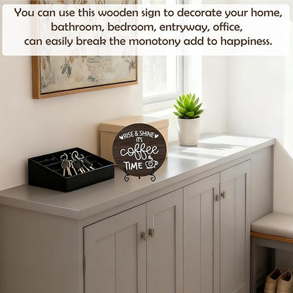 Coffee Desk Decor Sign, Farmhouse Wood Plaque, It Is Coffee Time Wood Sign, Cafe Lover Gifts, Decor For Home Kitchen Table Top, Wooden Round Decorations With Stand-17