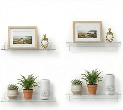 Acrylic Floating Shelves, Adhesive Wall Mount Command Shelves for Bathroom, Kitchen, Dorm - Renter-Friendly Easy Install Wall Shelves for Home Decor and Organization (Fully Clear-4 Pack)