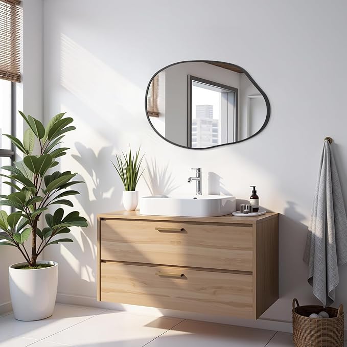 Black Irregular Wall Mirror Asymmetrical Bathroom Mirror Metal Framed Mirrors Decorative Bedroom Living Room Vanity Entryway 26''x18''