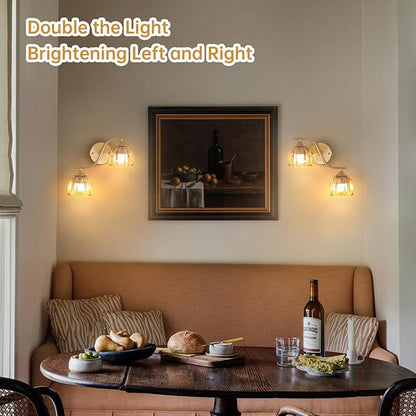Battery Operated Wall Sconce, 2-Lights Vinatge Brass Wall Lighting with Amber Tluip Shade Rechargeable Bulb with Remote for Living Room, Bedroom，Symmetrical 2 Pack