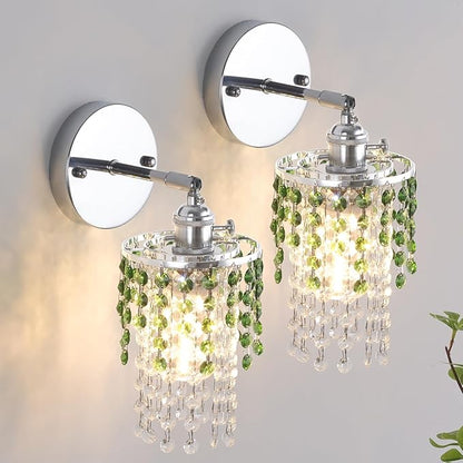Set of 2 Crystal Battery Operated Wall Sconce,Rechargeable Wall Lamp with 5400mAh Battery & Remote Control, Modern Dimmable Wireless Wall Lights for Bedroom Bathroom (Green, Silver Base)