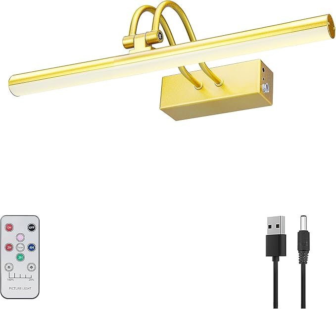 Picture Light,Picture Lights for Wall Cordless,13" Picture Lights with Timer and Dimmable,Battery Wall Lights for Display Gallery Painting Art Frame Portrait-Gold