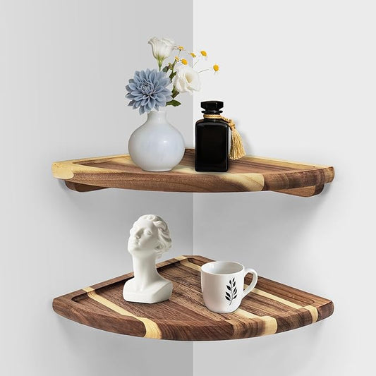 Floating Corner Shelve, 10 Inch Acacia Wood Corner Shelf Set of 2, Corner Shelf wall Mounted for Living Room, Bedroom, Bathroom, Office, Kitchen (Natural Wood Colour)