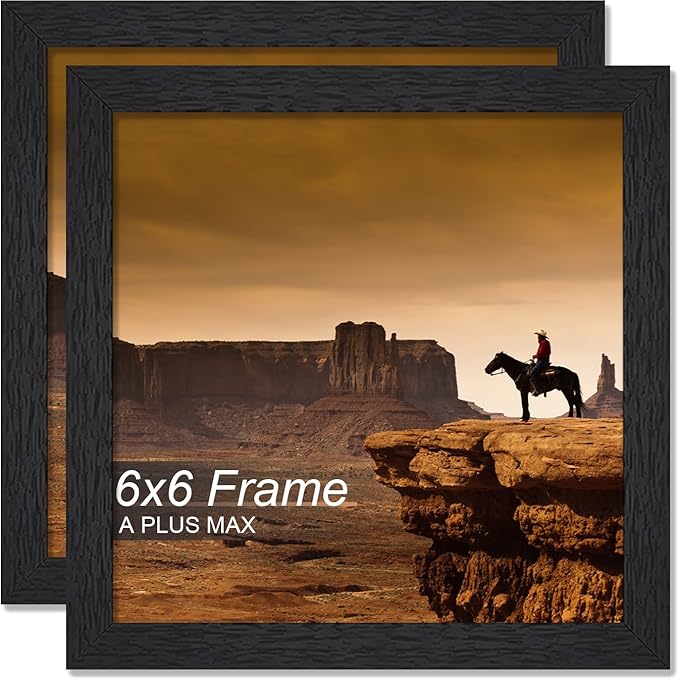 A PLUS MAX 6x6 Picture Frame Set of 2, Black Engineered Wood Frame for 6 x 6 Inch Picture Poster Photo, Light Weight 6 by 6 Frame with Wood-grain for Wall - 2 Pack/Black/6"x6"