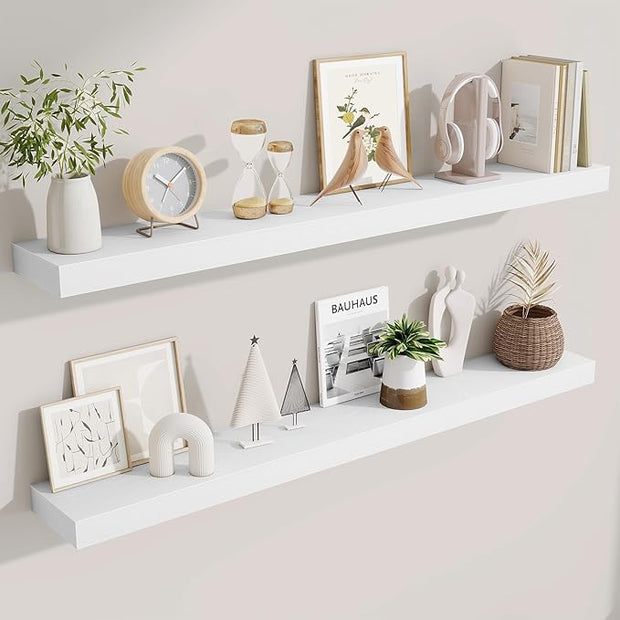 Fun Memories Floating Shelves 48 Inch, Extra Large Wood Shelf Set of 2, Hanging Wall Shelves for Bathroom, Living Room, Kitchen, Bedroom, White