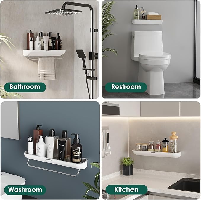 Shower Shelf with Towel Bar- Modern Bathroom Organizers Storage Self Adhesive Strong- Caddy Stick to Wall Mounted Rack- No Drilling Rustproof Plastic Acrylic White- Home Apartment