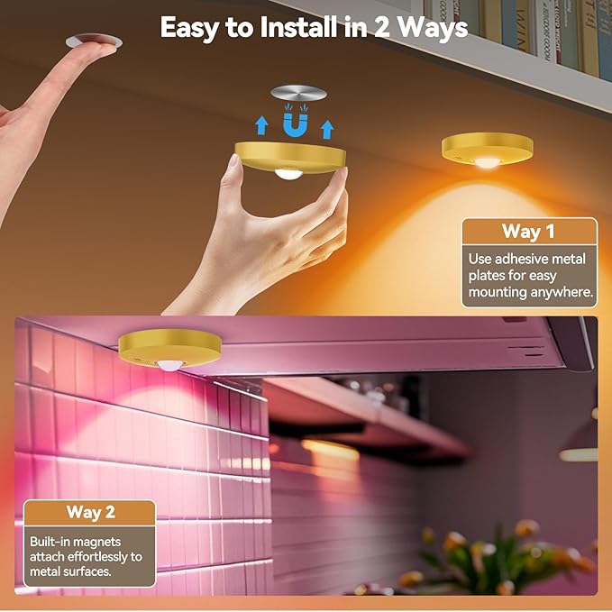 Rechargeable Puck Lights with Remote, 3 Pack Magnetic Under Cabinet Lighting, 1500mAh Battery Operated LED Tap Lights with Dimmer & Timmer for Kitchen, Closet, Shelf - 3 Color Temps & 12 RGB, Gold