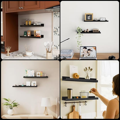 16inch Floating Picture Ledge Shelves 2-Pack, Black Wall Mounted Shelves with Lip for Nursery, Kids Room, Living Room & Bedroom, Sturdy Floating Book Shelves for Photo Frames & Decor